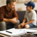 Father and son sit on a couch discussing, laptop and open notebook with pen in foreground on table.