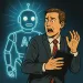Illustration of a scared businessman sweating and holding a tablet with a glowing AI robot looming behind him.