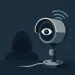 Dark hooded figure behind security camera with an eye symbol and WiFi signal in a low-light setting.
