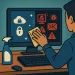 Person cleaning computer screen, removing virus and warning icons, showing transition from malware to security.