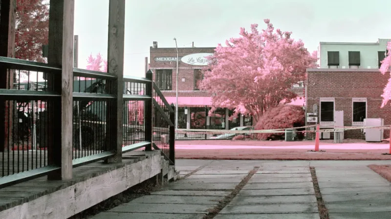 Urban park scene with pink trees, wooden ramp railing, concrete walkway, and buildings under a cloudy sky.