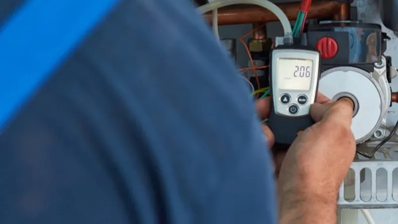 Technician using digital multimeter to test and measure electrical components on heating system equipment.