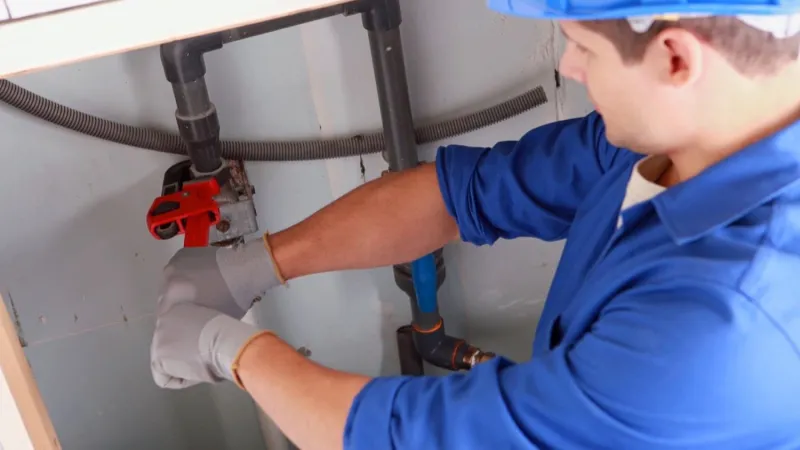 Plumber in blue uniform and hard hat repairing pipe under sink with red pipe wrench and gloves