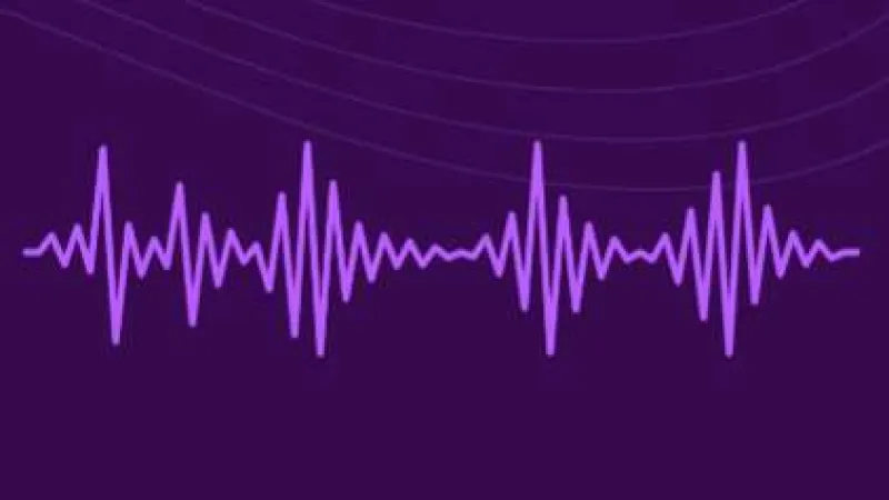 Purple soundwave graphic on a dark purple background with subtle curved lines above it.
