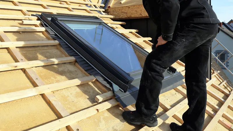 Worker installing a skylight window on a wooden roof frame under clear blue sky during construction.