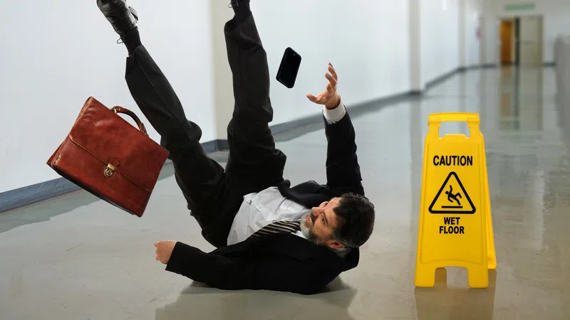 Businessman in suit slipping on a wet floor with briefcase and phone falling beside caution sign in hallway