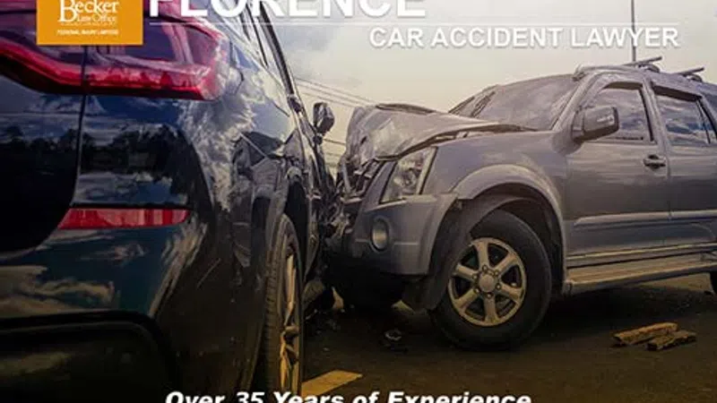 Two SUVs involved in a car accident with text promoting Florence car accident lawyer with over 35 years experience.