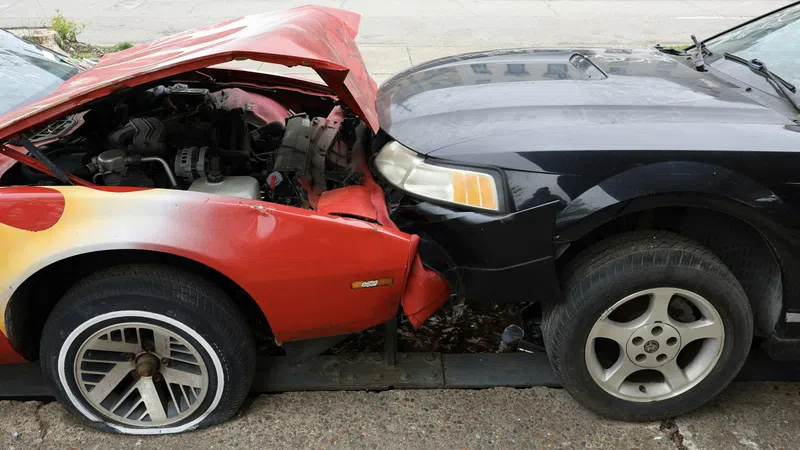 Red and black cars involved in a front-end collision with visible damage to the red car's hood and flat tire.