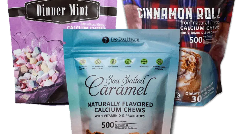 Three ProCare Health calcium chew packages in Dinner Mint, Cinnamon Roll, and Sea Salted Caramel flavors.