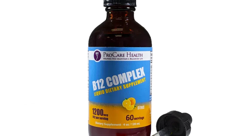 Bottle of ProCare Health B12 Complex liquid dietary supplement with dropper and orange liquid inside.