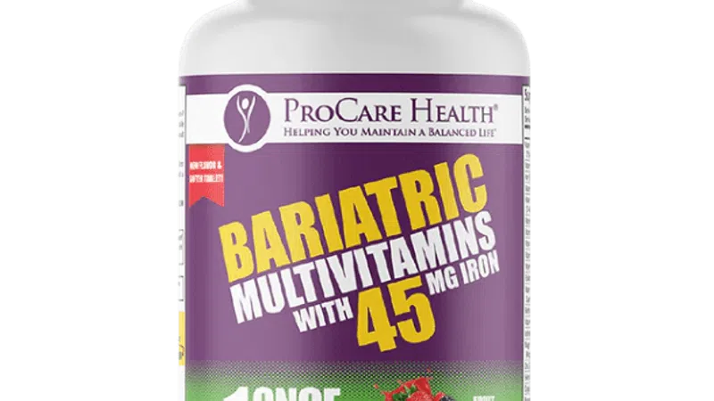 Bottle of ProCare Health bariatric multivitamins with 45 mg iron, 30 chewable tablets, one daily dose.