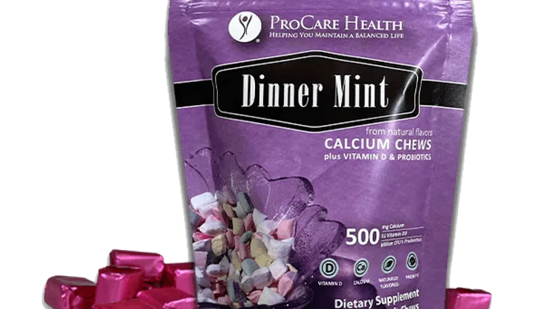 ProCare Health Dinner Mint calcium chews dietary supplement in purple packaging with pink-wrapped chews