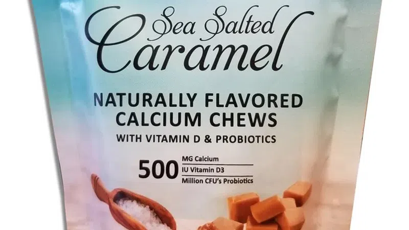 Sea Salted Caramel calcium chews dietary supplement with vitamin D, probiotics, gluten free, kosher, non-GMO.