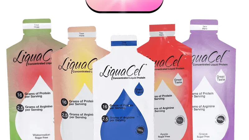 Five LiquaCel concentrated liquid protein packets in watermelon, peach mango, unflavored, apple, and grape flavors displayed.