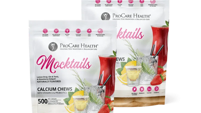 ProCare Health Mocktails Calcium Chews dietary supplement with vitamin D, probiotics, and fruit flavor images.