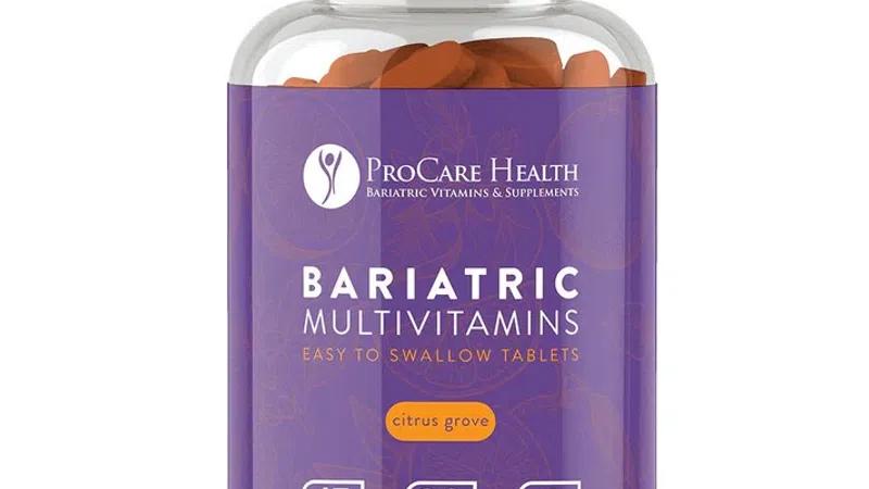 Bottle of ProCare Health Bariatric Multivitamins Citrus Grove, 30 easy to swallow tablets with 45 mg iron.