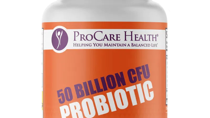 ProCare Health probiotic supplement bottle with 50 billion CFU, delayed release capsules, 30 capsules per bottle.