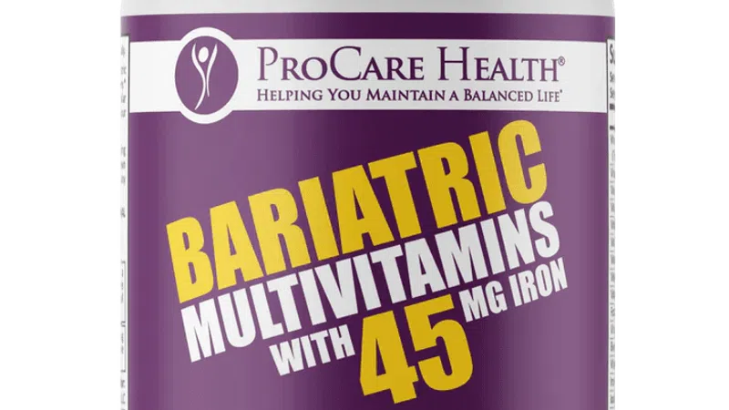 ProCare Health Bariatric Multivitamins bottle with 45 mg iron, 90 capsules, taken once daily dietary supplement.