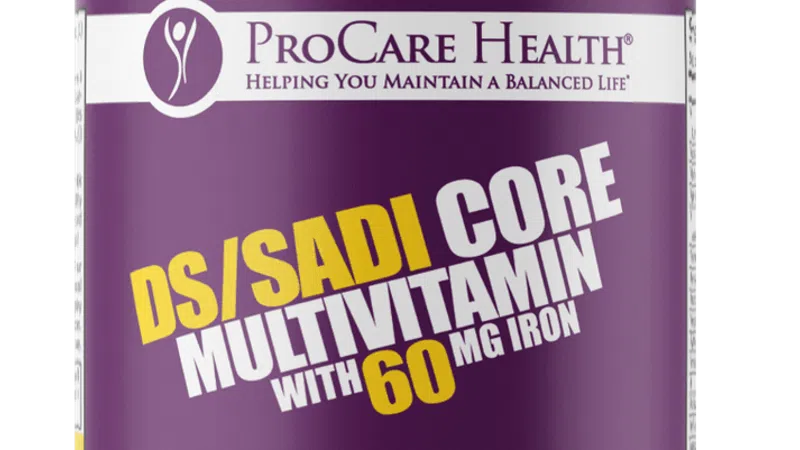 ProCare Health DS/SAD Core multivitamin with 60 mg iron, 90 capsules, once daily dietary supplement bottle.