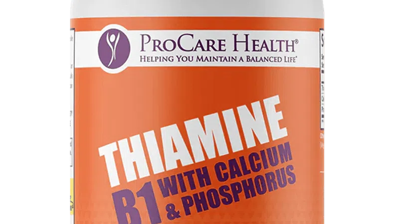 ProCare Health Thiamine B1 supplement bottle with calcium and phosphorus, 90 capsules, 100 mg per serving.