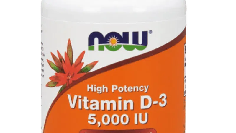 Bottle of NOW High Potency Vitamin D-3 5,000 IU dietary supplement with 120 softgels and structural support