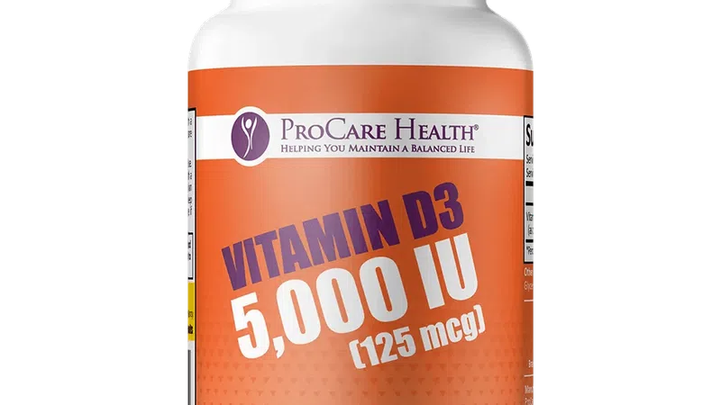Bottle of ProCare Health Vitamin D3 5000 IU dietary supplement with 180 softgels.
