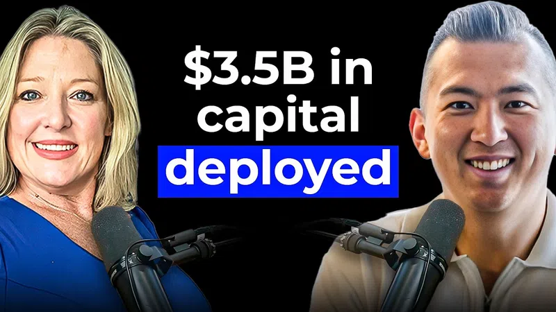 Two podcast hosts discussing $3.5 billion in capital deployed, smiling with microphones in front of a black background.