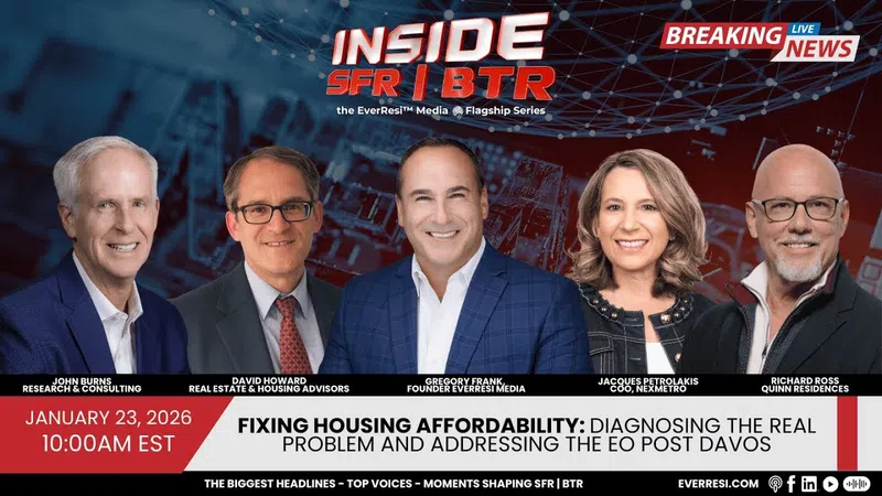 Five professionals in suits smiling with text about fixing housing affordability and a January 2026 event at 10 AM EST.