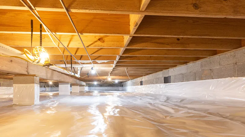 Bright crawl space with wooden beams and white moisture barrier covering the ground and support pillars.