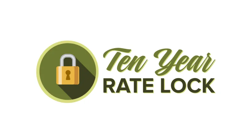 Yellow padlock icon with shadow next to text Ten Year Rate Lock in green and black on white background