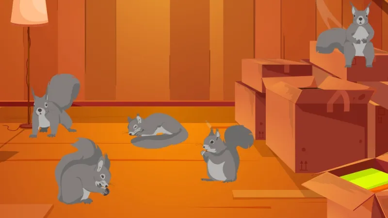 Five squirrels in an attic with wooden walls, cardboard boxes, a floor lamp, and a green hanging light.