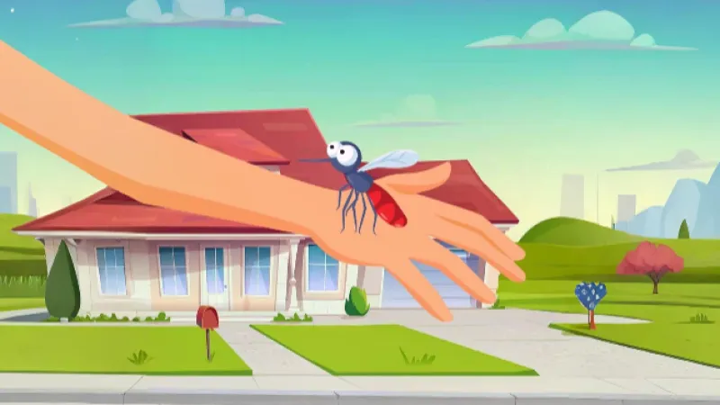 Cartoon mosquito biting a human hand with a suburban house and lawn in the background under a partly cloudy sky.