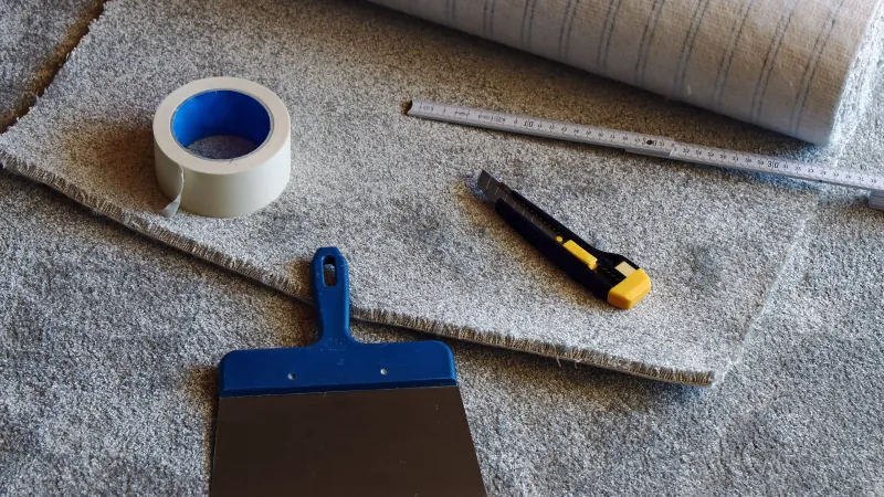 Carpet installation tools including tape, utility knife, scraper, measuring ruler, and carpet rolls on gray carpet.