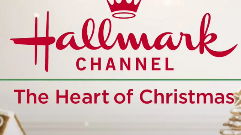 Hallmark Channel logo with a crown and tagline The Heart of Christmas on a festive background.