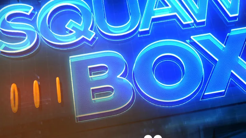Glowing blue Squawk Box title with CNBC logo on a digital stock market background.