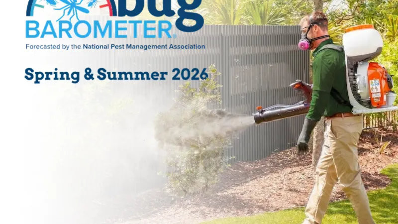 Person wearing protective gear spraying pesticide in garden with Bug Barometer Spring & Summer 2026 logo