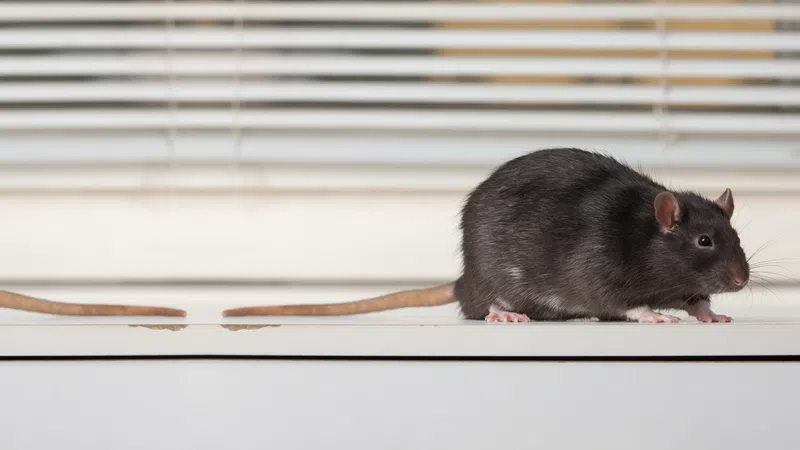A close-up of a black rat in Ijamsville exploring a white surface with blinds in the background.