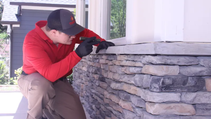 Man in red shirt inspecting stone wall base of a house using a flashlight while kneeling outdoors.
