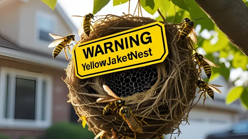 Yellow jacket nest hanging from tree branch with warning sign and several yellow jackets on and around it.