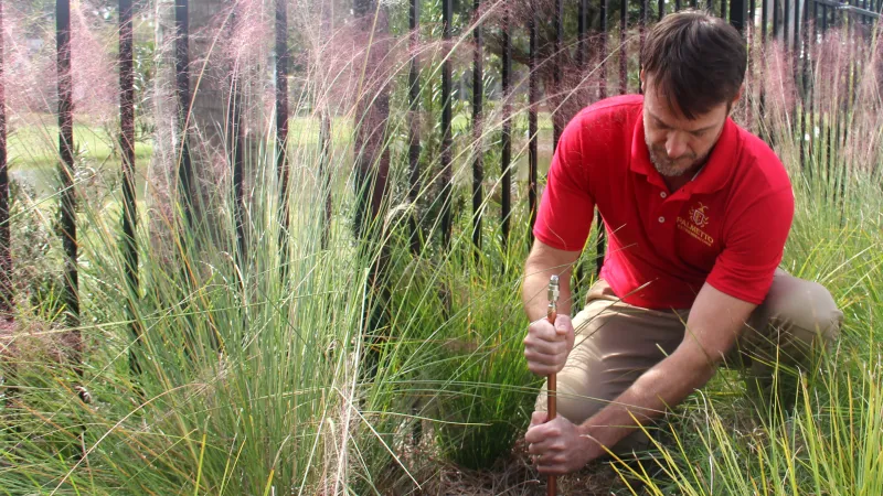 a man kneeling in a field of tall grass