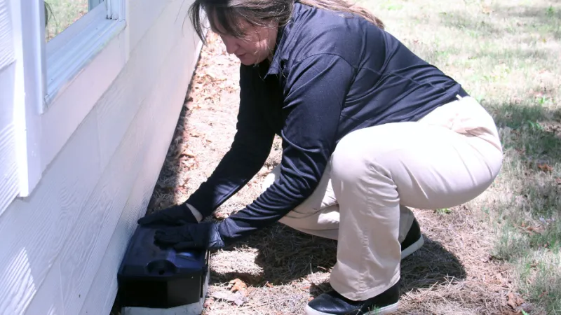 Person installing a rodent bait station outside a house near the foundation in daylight.