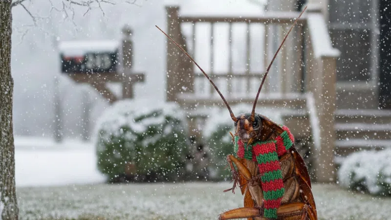 Close-up of a large cockroach wearing a red and green scarf standing on snowy grass in front of a house.