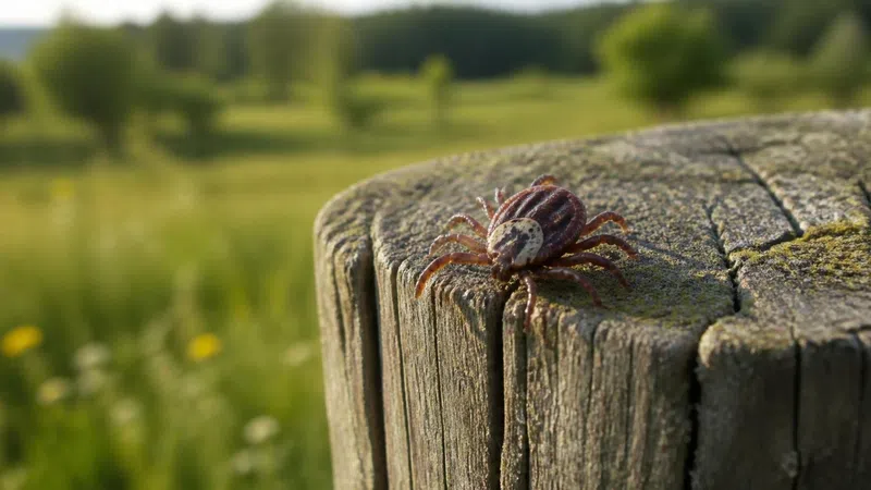 Close-up of a tick on weathered wooden post in a grassy outdoor field under sunlight.