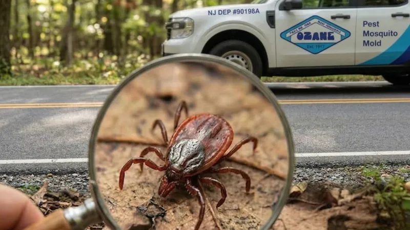 Closeup of a tick on the ground through a magnifying glass with pest control truck in background on roadside.