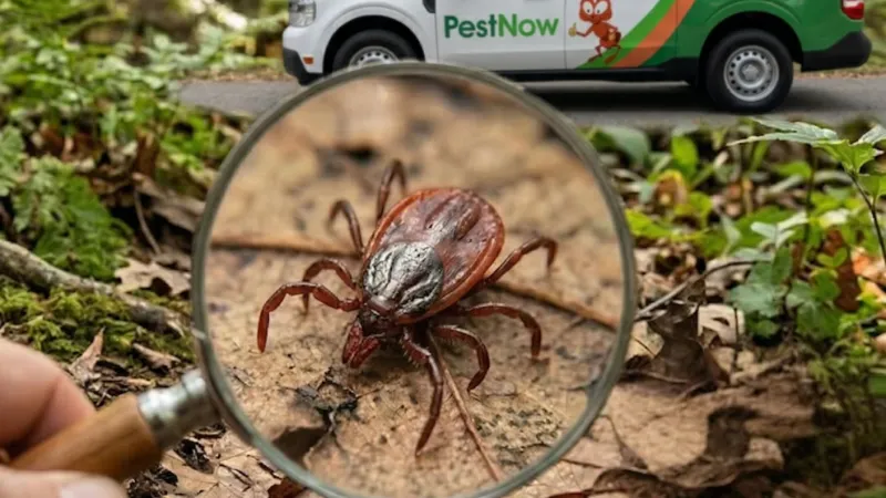 Close-up of a tick on a leaf viewed through a magnifying glass with a PestNow pest control truck in background.