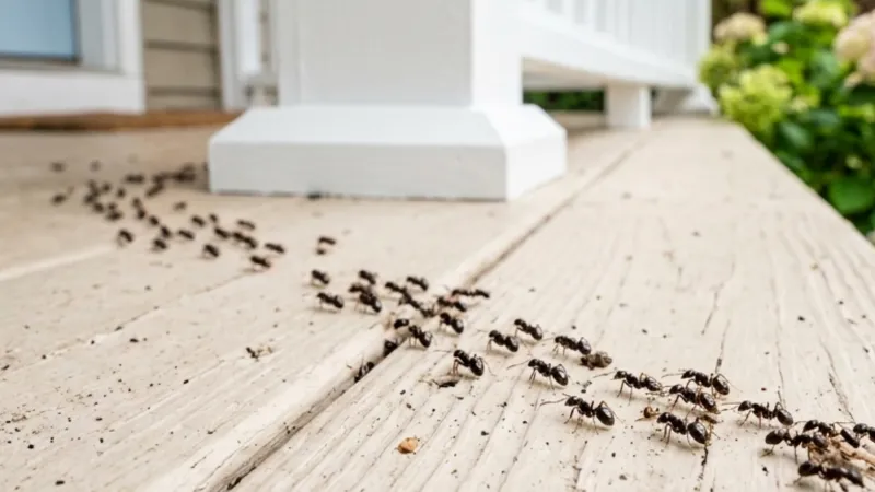 Close-up of a line of black ants crawling on a wooden porch floor near a white railing and green plants.