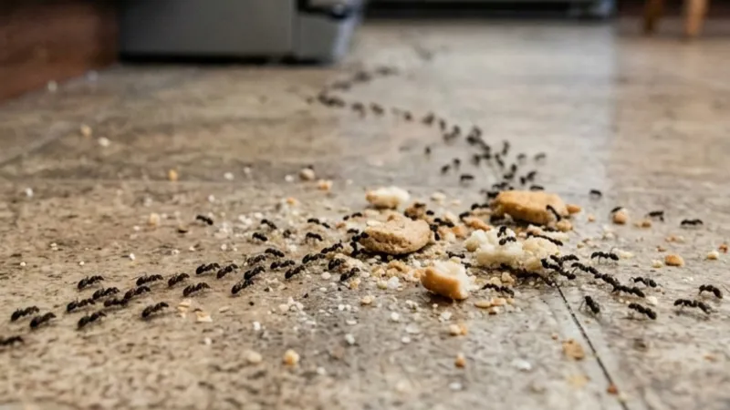 Black ants swarming cookie crumbs on a kitchen floor near wooden cabinets and stainless steel appliances.