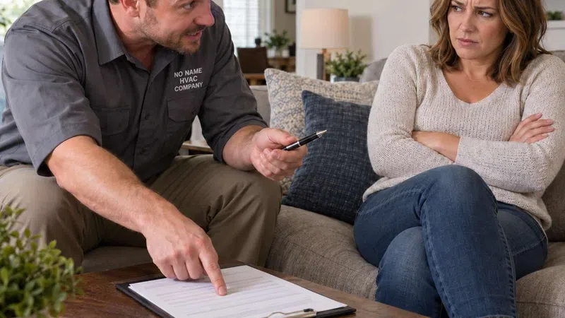 High-pressure HVAC salesperson pressuring a homeowner to sign a new HVAC system contrac