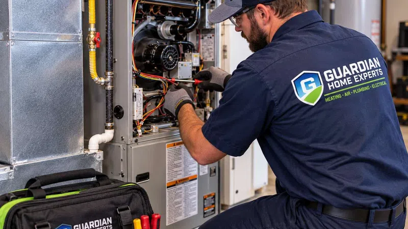 Technician from Guardian Home Experts repairing heating system with tools and equipment in a residential setting.