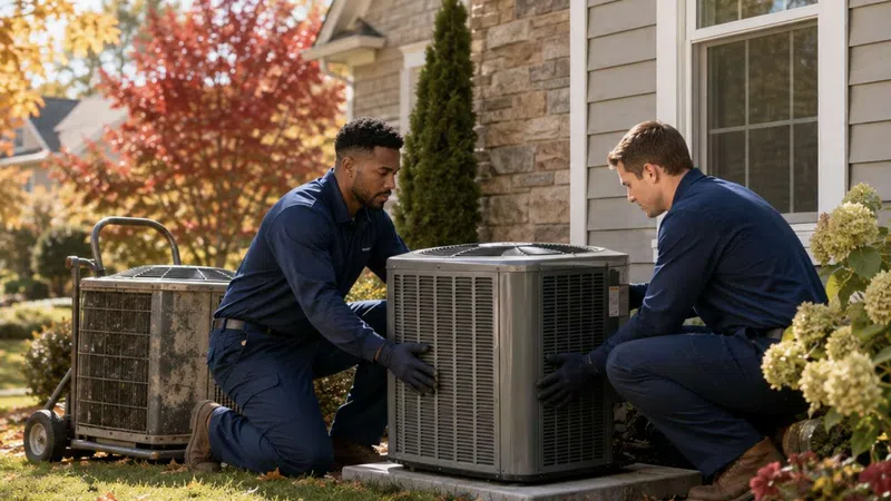 Two HVAC technicians in navy uniforms installing or repairing an outdoor air conditioning unit beside a house in autumn.